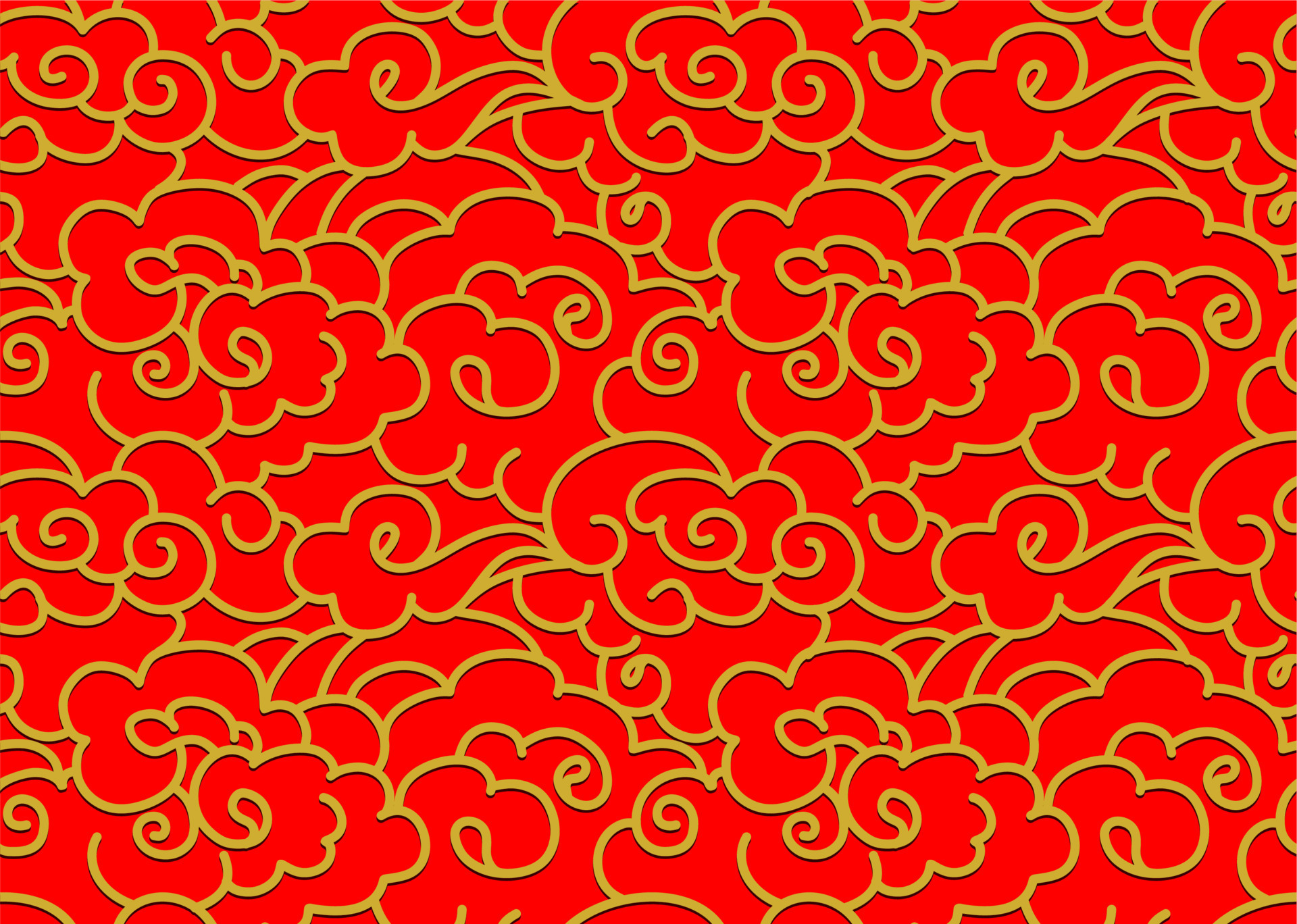 golden Chinese Clouds Sky Vector Seamless Pattern. isolated on red