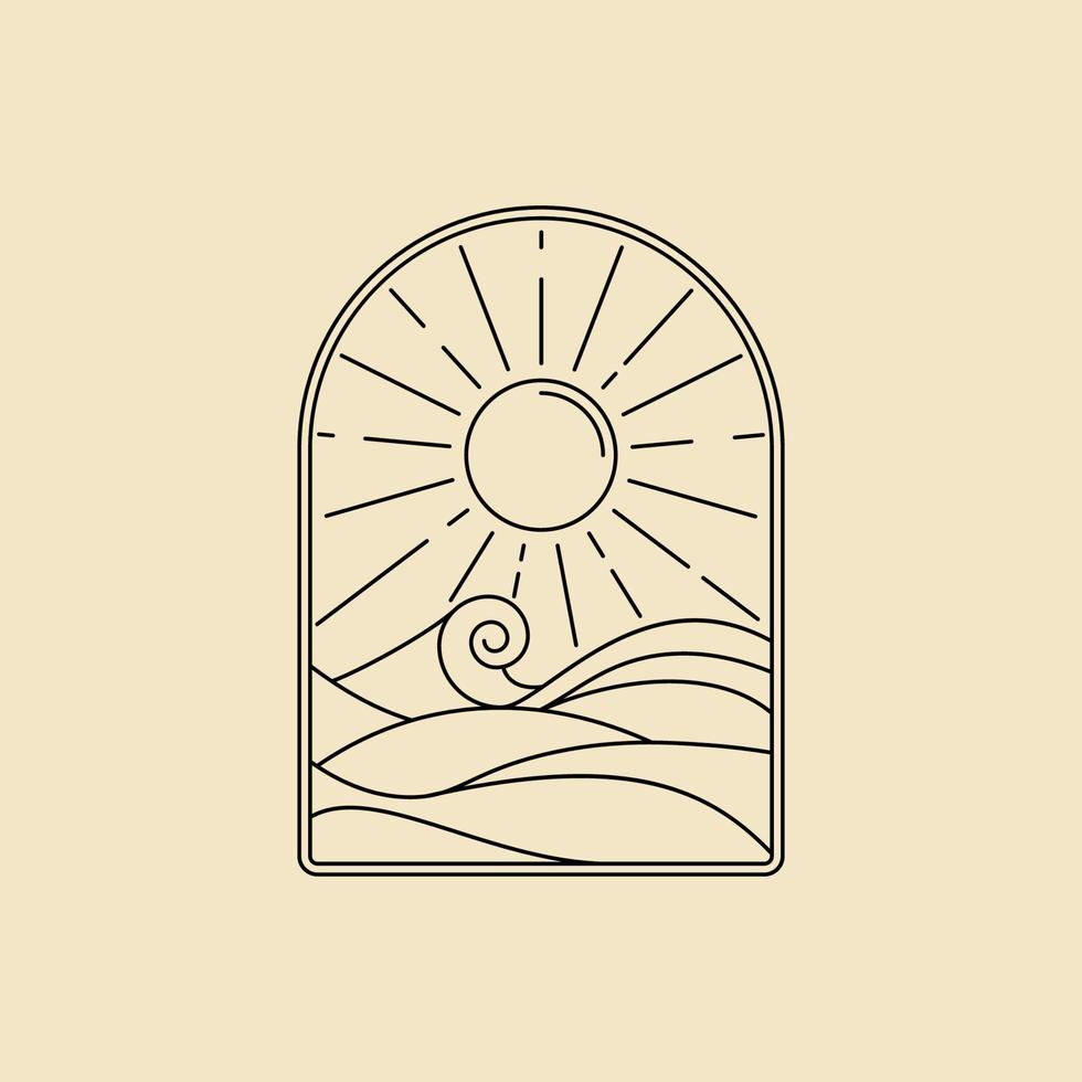 sunset badge logo line art in the  ocean design vector