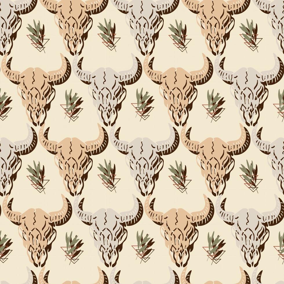 folk buffalo skull and foliage native vector seamless pattern