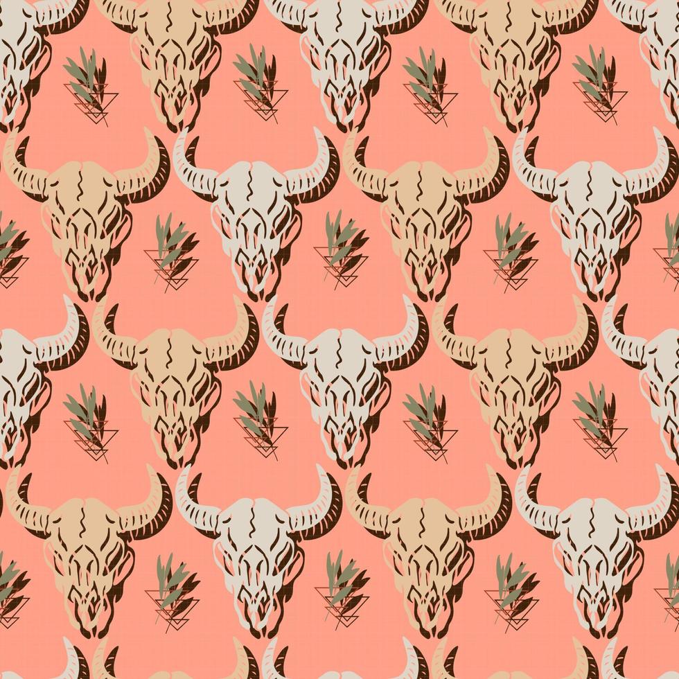 folk buffalo skull and foliage native vector seamless pattern