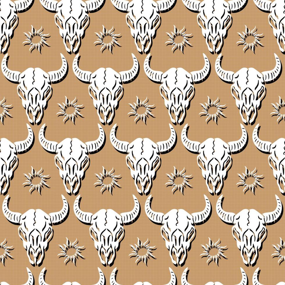 folk skull buffalo and sun native vector seamless pattern