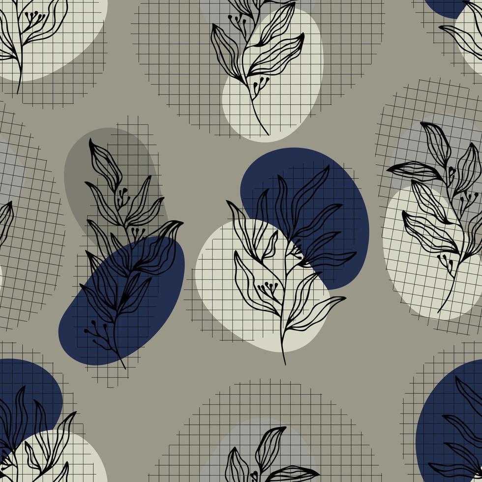 botanical abstract contour silhouette branches with leaves checkered background vector seamless pattern
