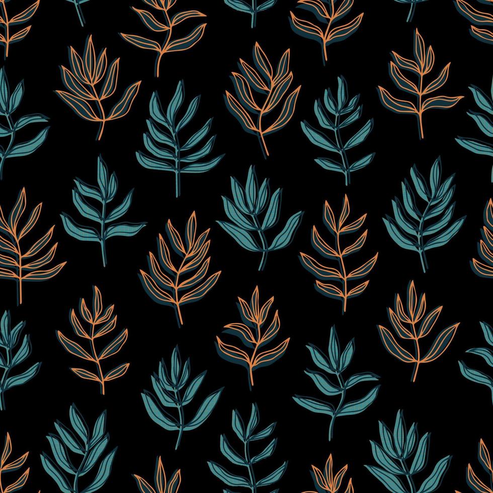 botanical abstract contour silhouette branches with leaves checkered background vector seamless pattern