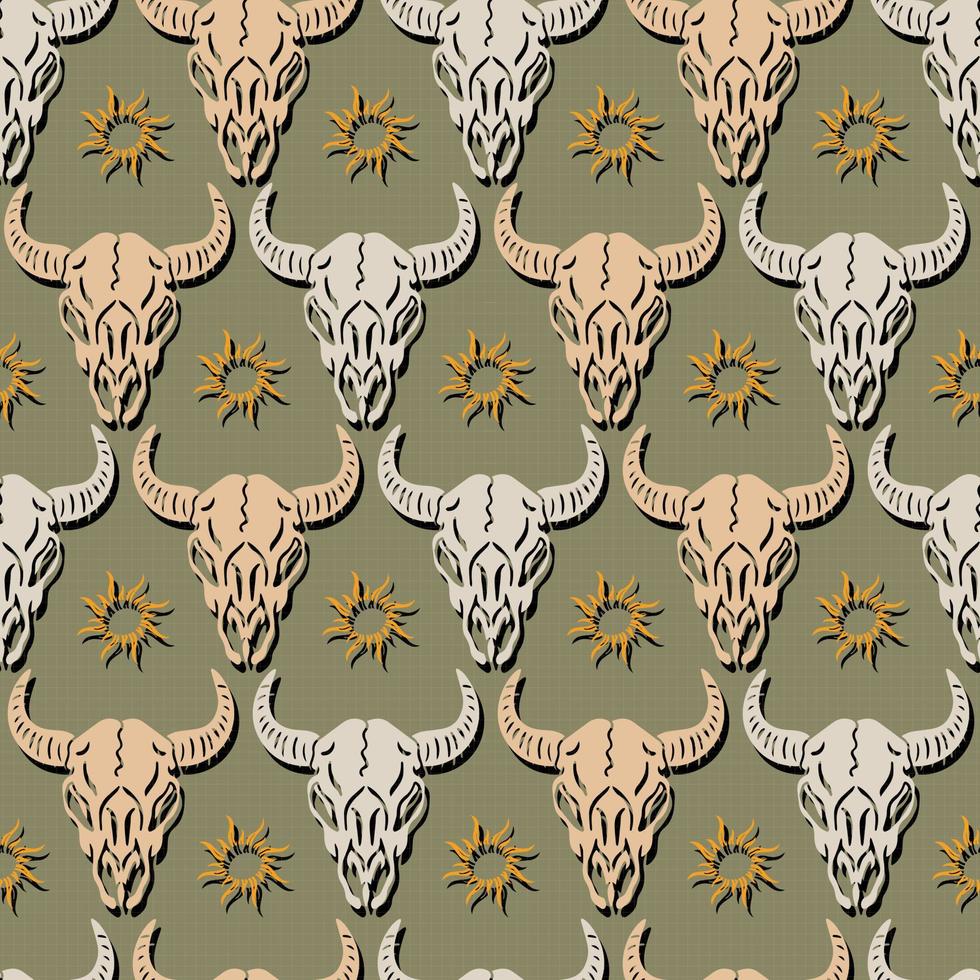 folk skull buffalo and sun native vector seamless pattern