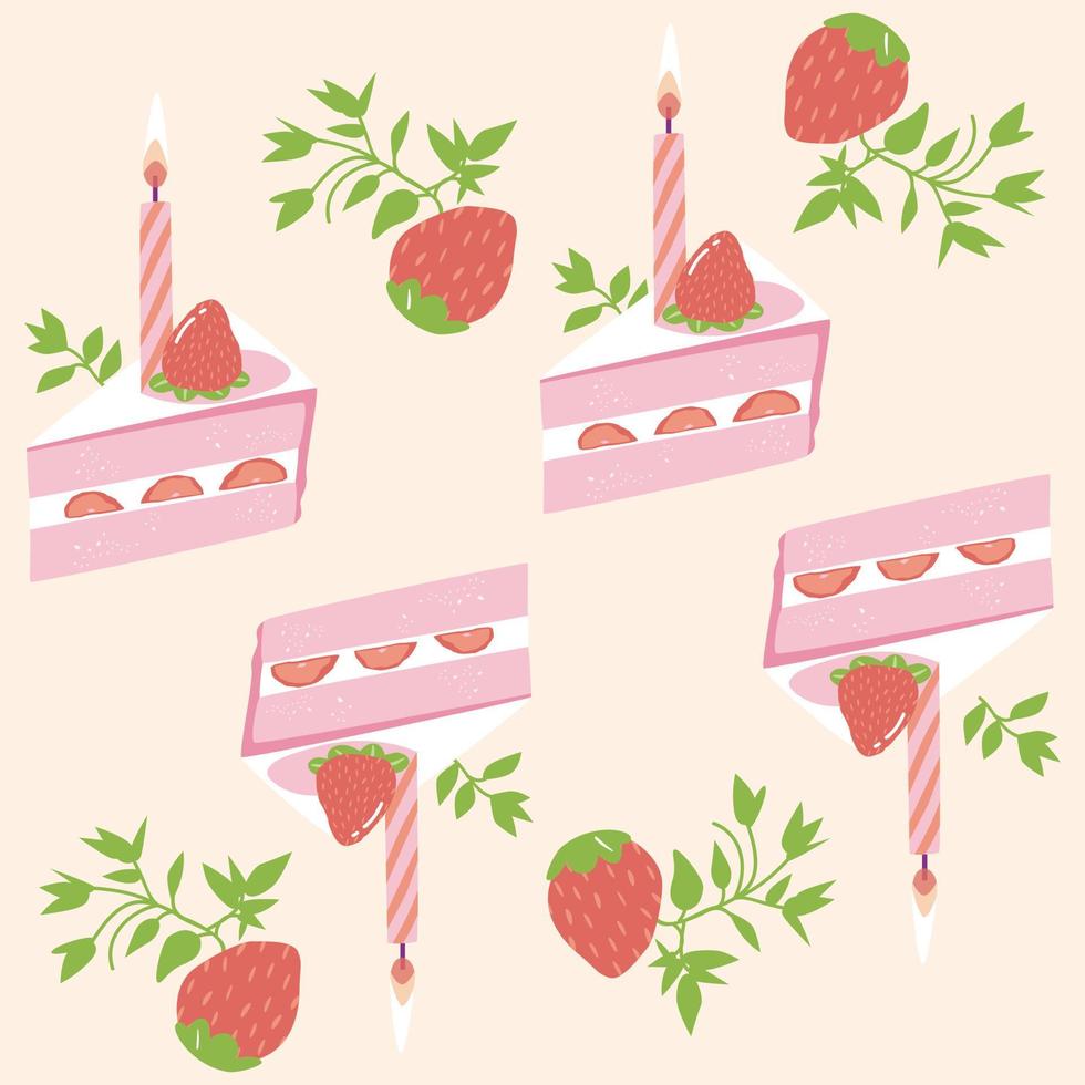 Seamless cake slice pattern with strawberries birthday concept vector