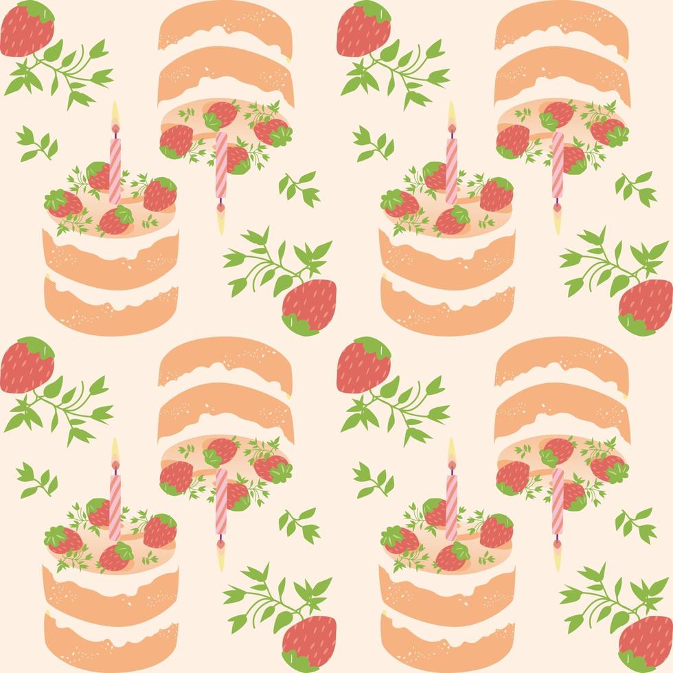 Seamless cake pattern with strawberries birthday concept vector