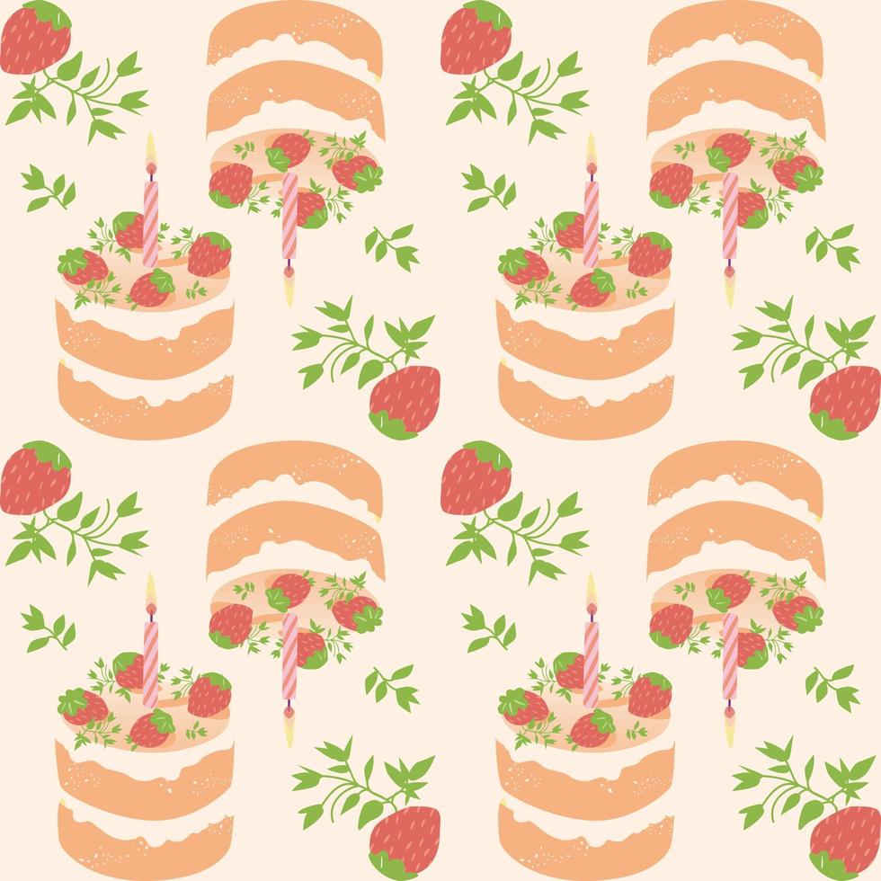 Seamless cake pattern with strawberries birthday concept vector