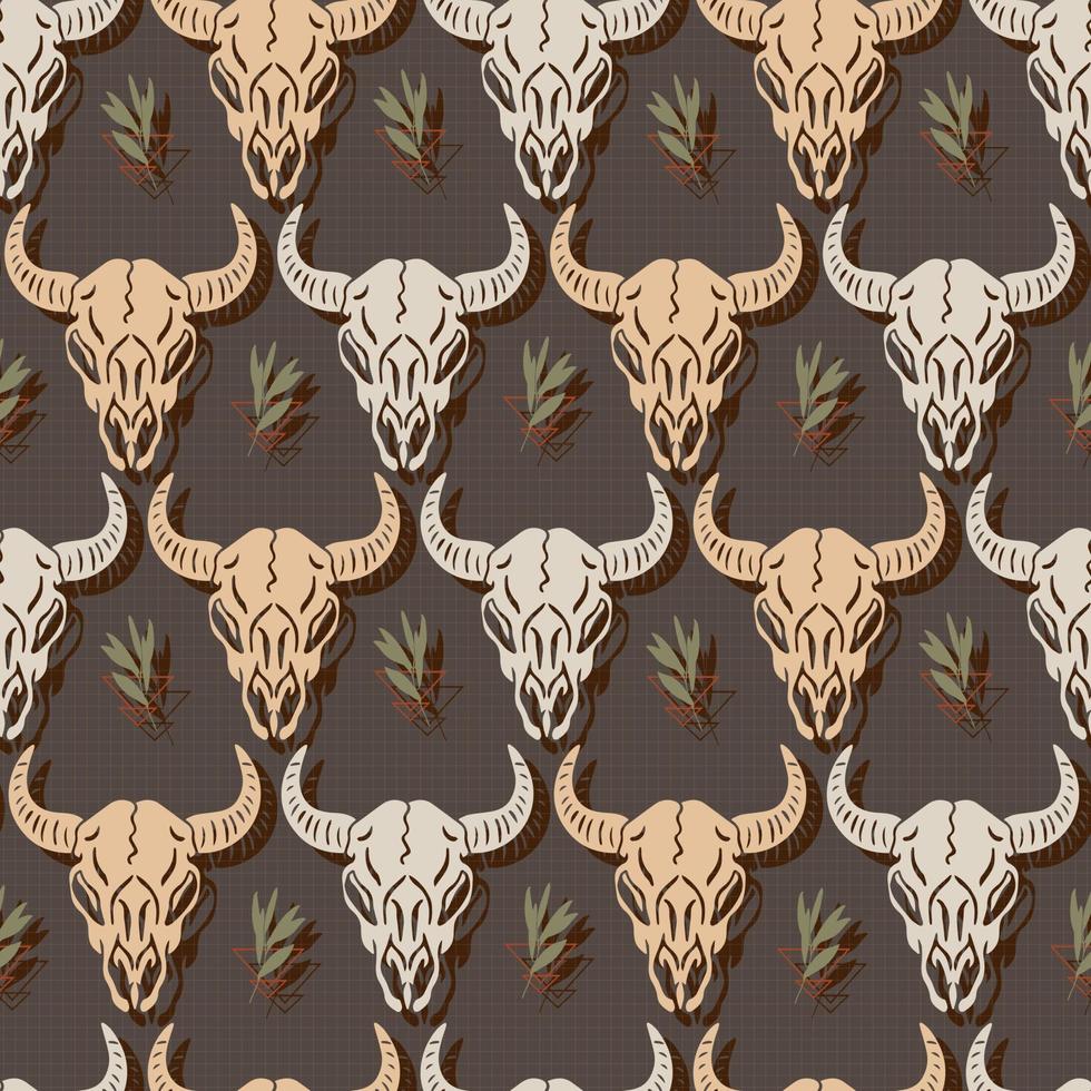 folk buffalo skull and foliage native vector seamless pattern