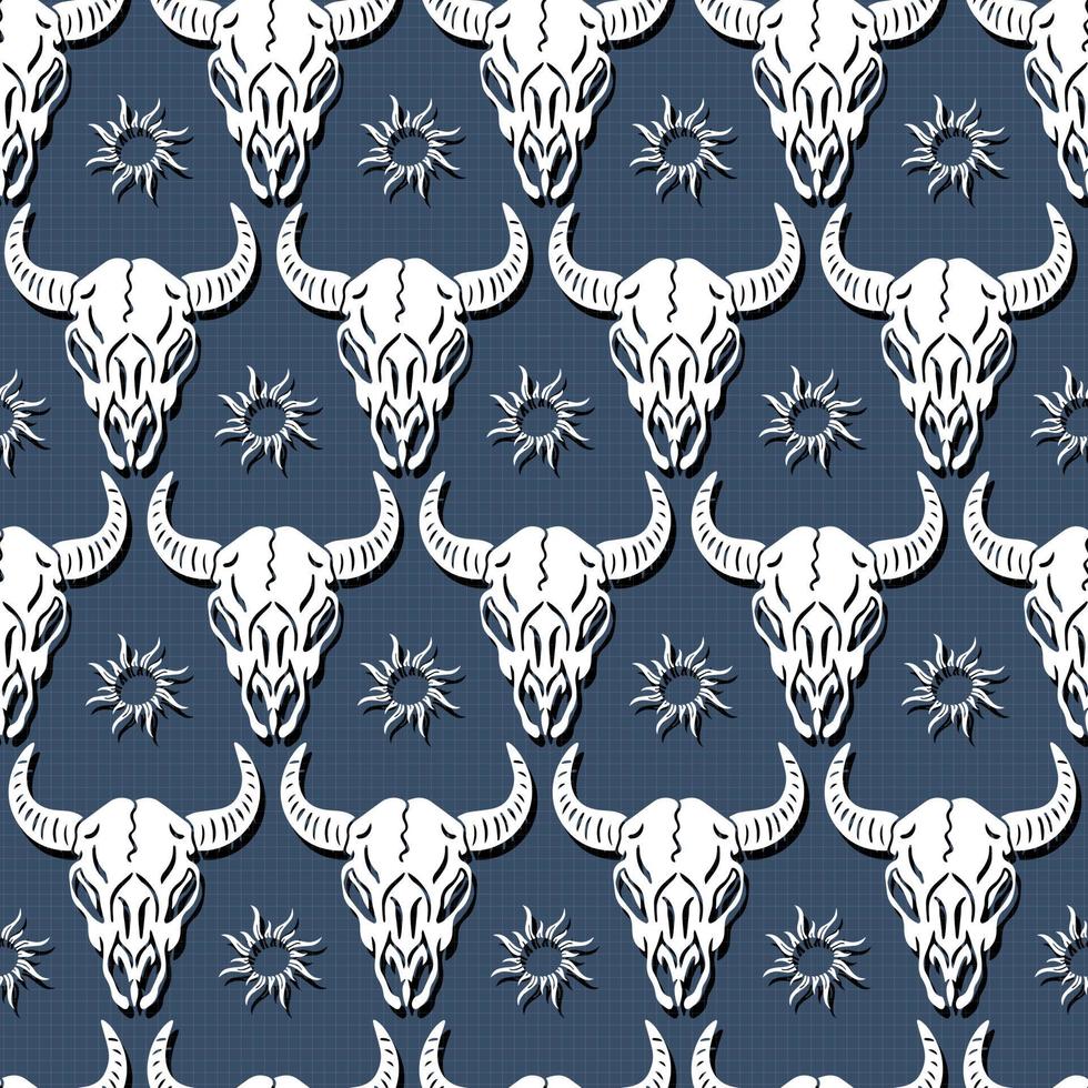 folk skull buffalo and sun native vector seamless pattern