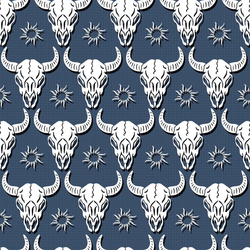 folk skull buffalo and sun native vector seamless pattern