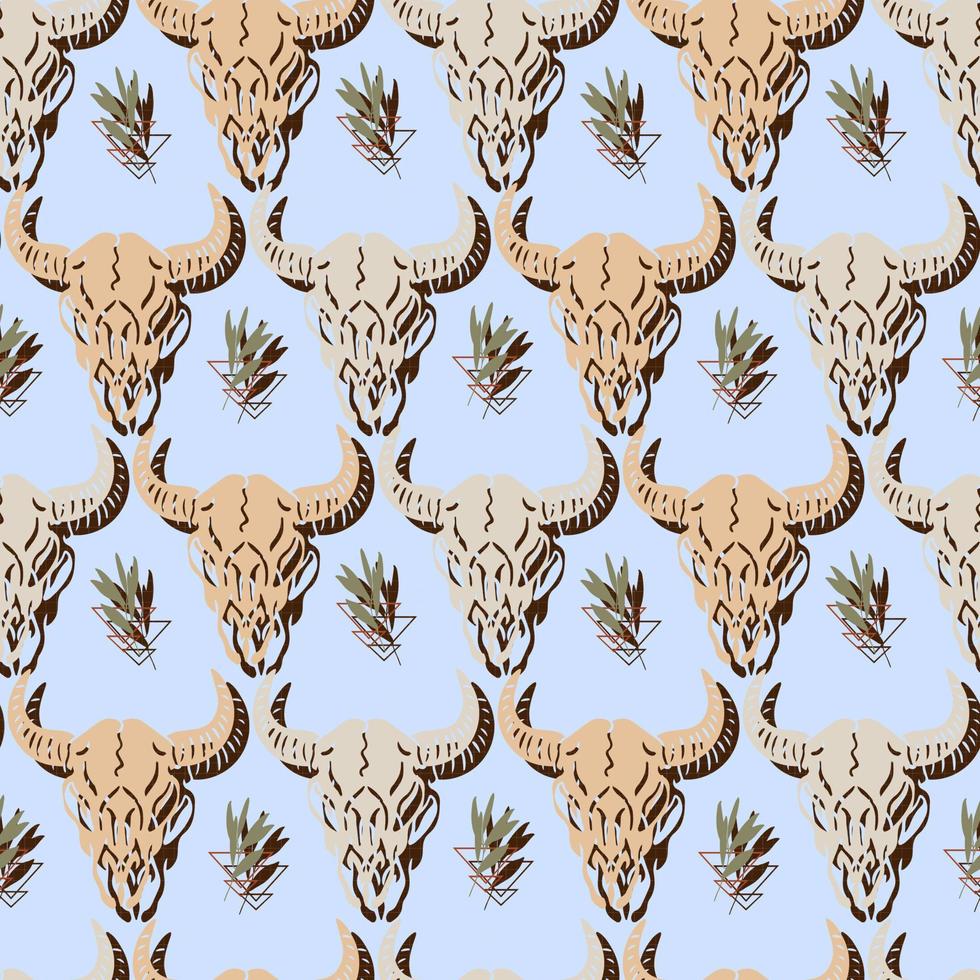 folk buffalo skull and foliage native vector seamless pattern