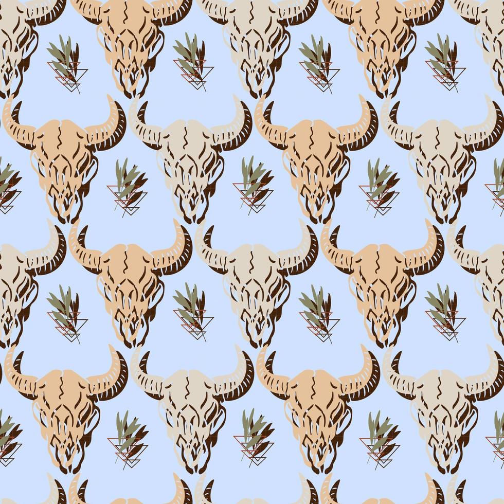 folk buffalo skull and foliage native vector seamless pattern