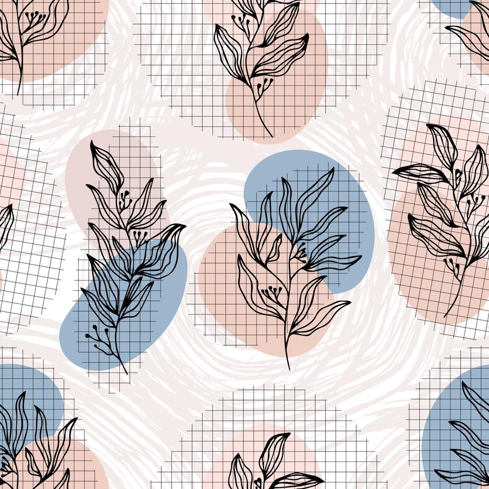 botanical abstract contour silhouette branches with leaves checkered background vector seamless pattern