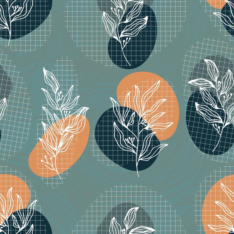 botanical abstract contour silhouette branches with leaves checkered background vector seamless pattern