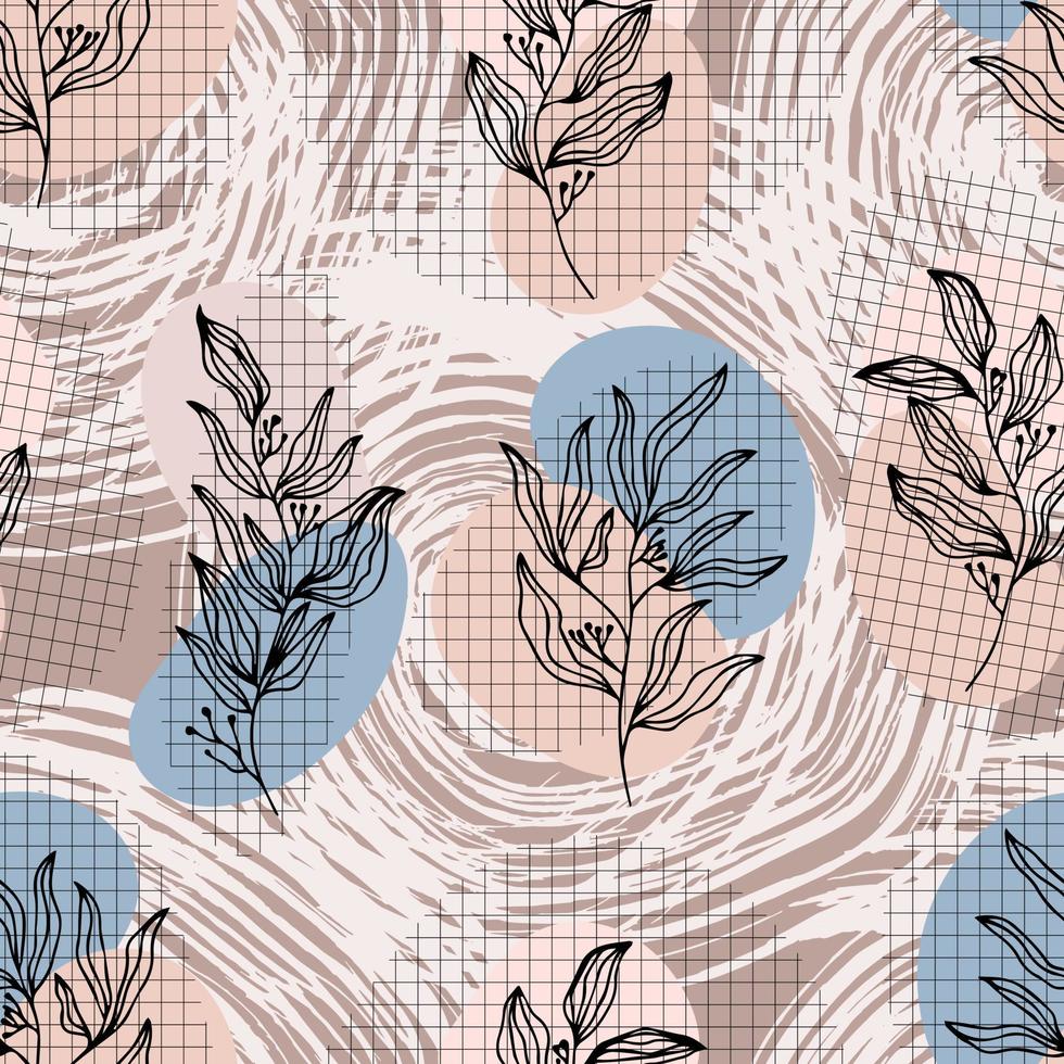 Ramas de silueta de contorno abstracto botánico con hojas patrón sin costuras de vector de fondo a cuadros