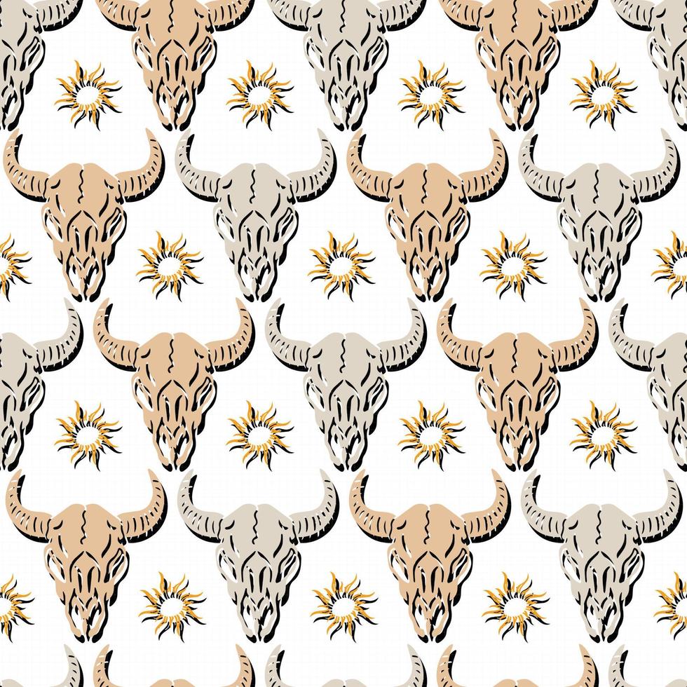 folk skull buffalo and sun native vector seamless pattern