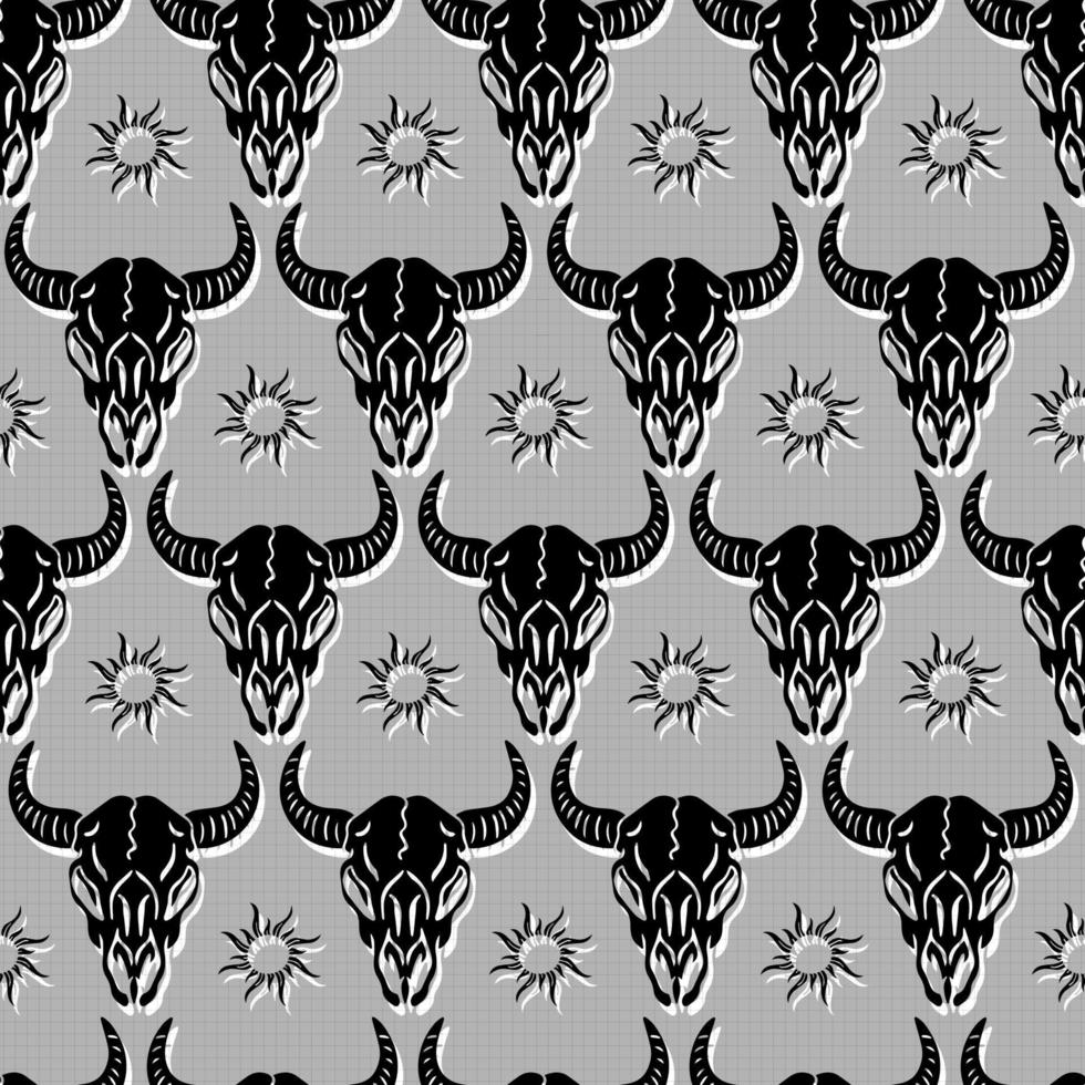 folk skull buffalo and sun native vector seamless pattern