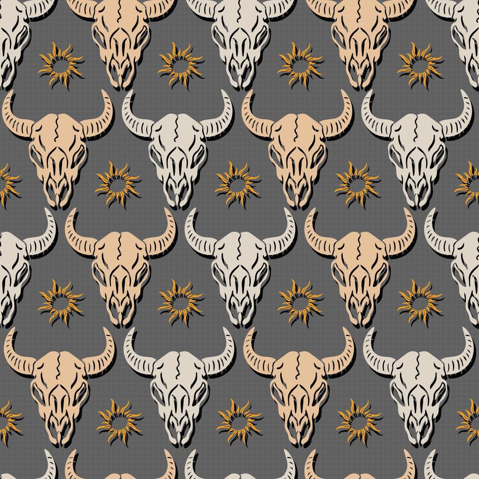 folk skull buffalo and sun native vector seamless pattern