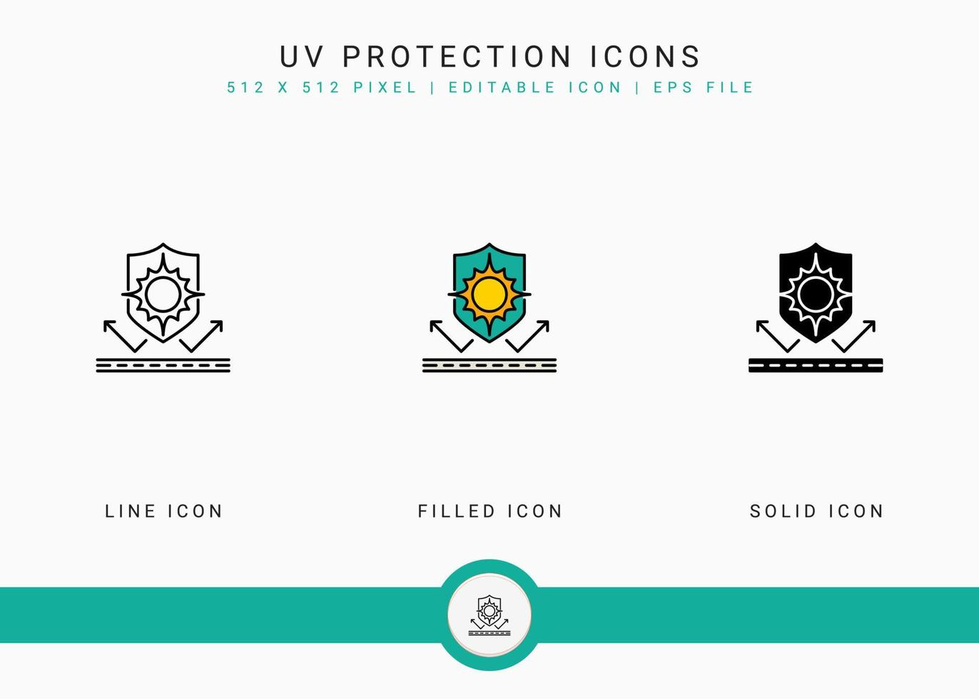 UV protection icons set vector illustration with solid icon line style. Sunscreen shield concept. Editable stroke icon on isolated white background for web design, user interface, and mobile app