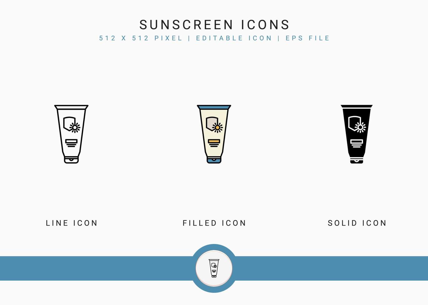 Sunscreen icons set vector illustration with solid icon line style. Ultraviolet protection concept. Editable stroke icon on isolated white background for web design, user interface, and mobile app