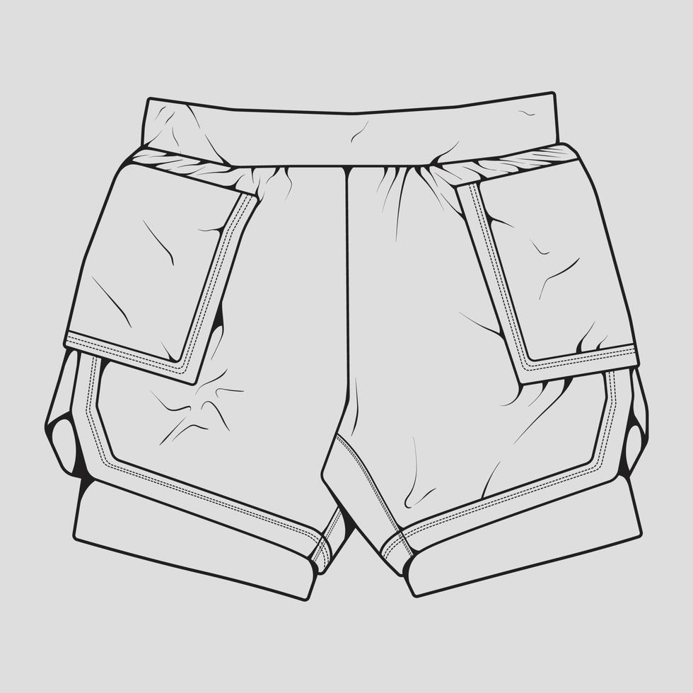 vector de dibujo de contorno de pantalones cortos, pantalones cortos en un estilo de boceto, contorno de plantilla de entrenadores, ilustración vectorial.