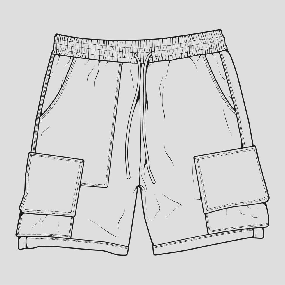 short pants outline drawing vector, short pants in a sketch style, trainers template outline, vector Illustration.