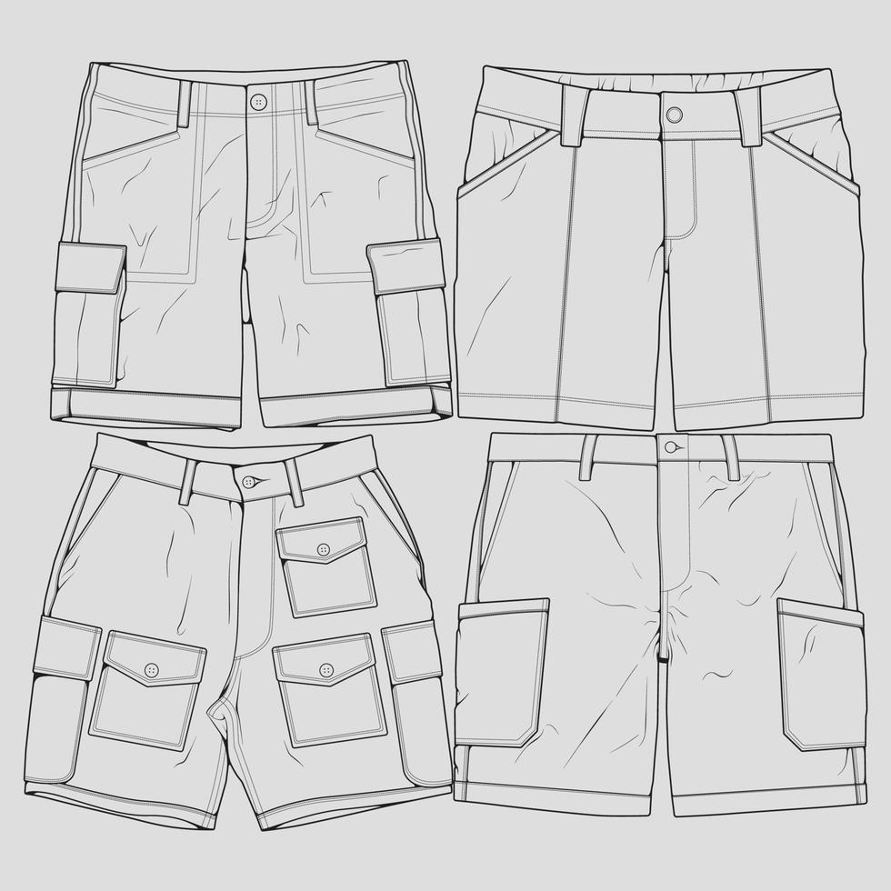 vector de dibujo de contorno de pantalones cortos de conjunto de paquetes, conjunto de pantalones cortos en un estilo de boceto, esquema de plantilla de entrenadores, ilustración vectorial.