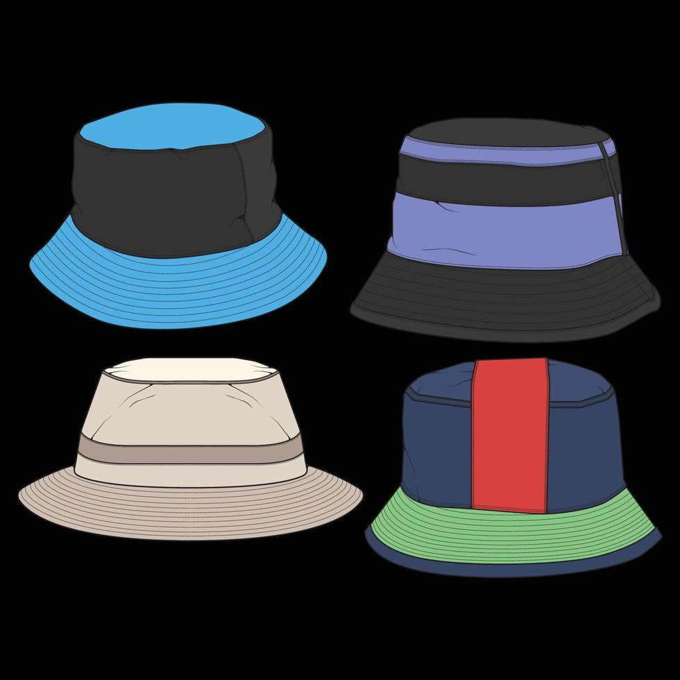vector de bloque de color de contorno de sombrero de cubo, conjunto de sombrero de cubo en un estilo a todo color, contorno de plantilla de entrenadores, ilustración vectorial.