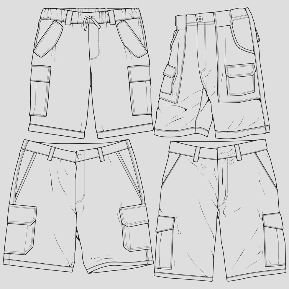 vector de dibujo de contorno de pantalones cortos de conjunto de paquetes, conjunto de pantalones cortos en un estilo de boceto, esquema de plantilla de entrenadores, ilustración vectorial.
