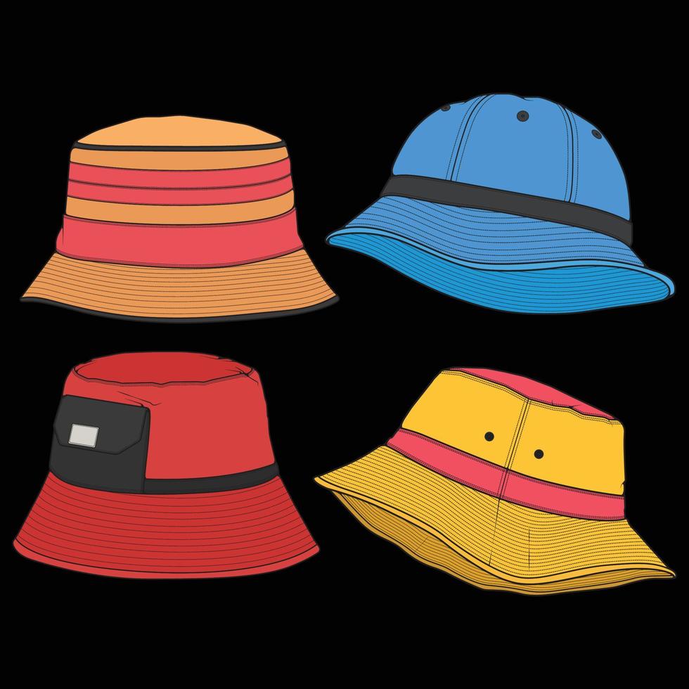 Bundle set bucket hat outline color block vector, set bucket hat in a full color style, trainers template outline, vector Illustration.