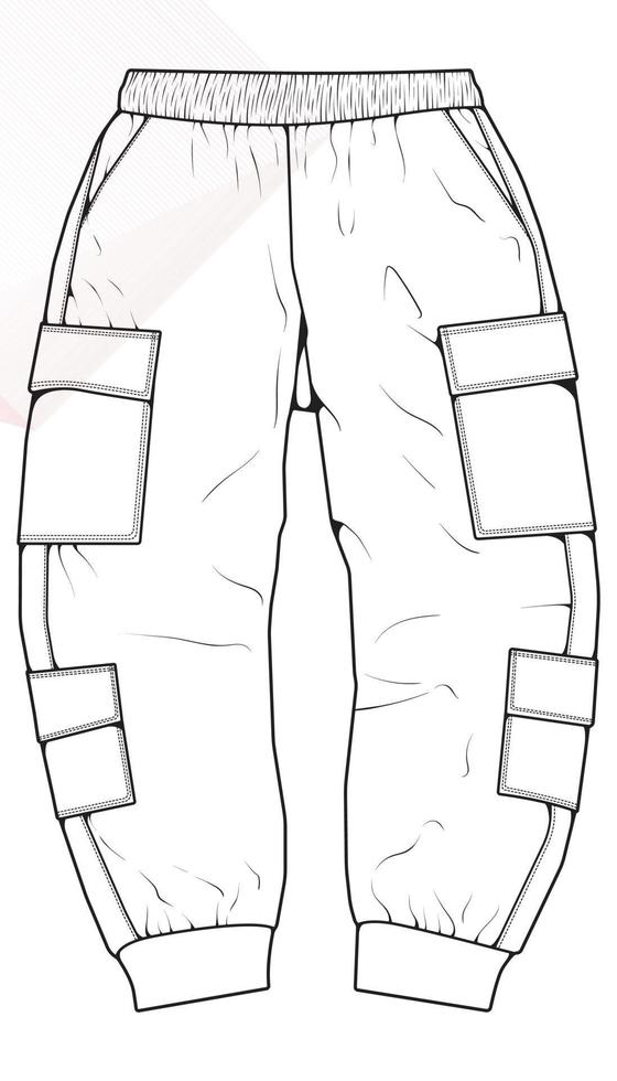 Men Cargo Pants outline  Vector Template, Men Cargo Pants in a sketch style, trainers template outline, vector Illustration.