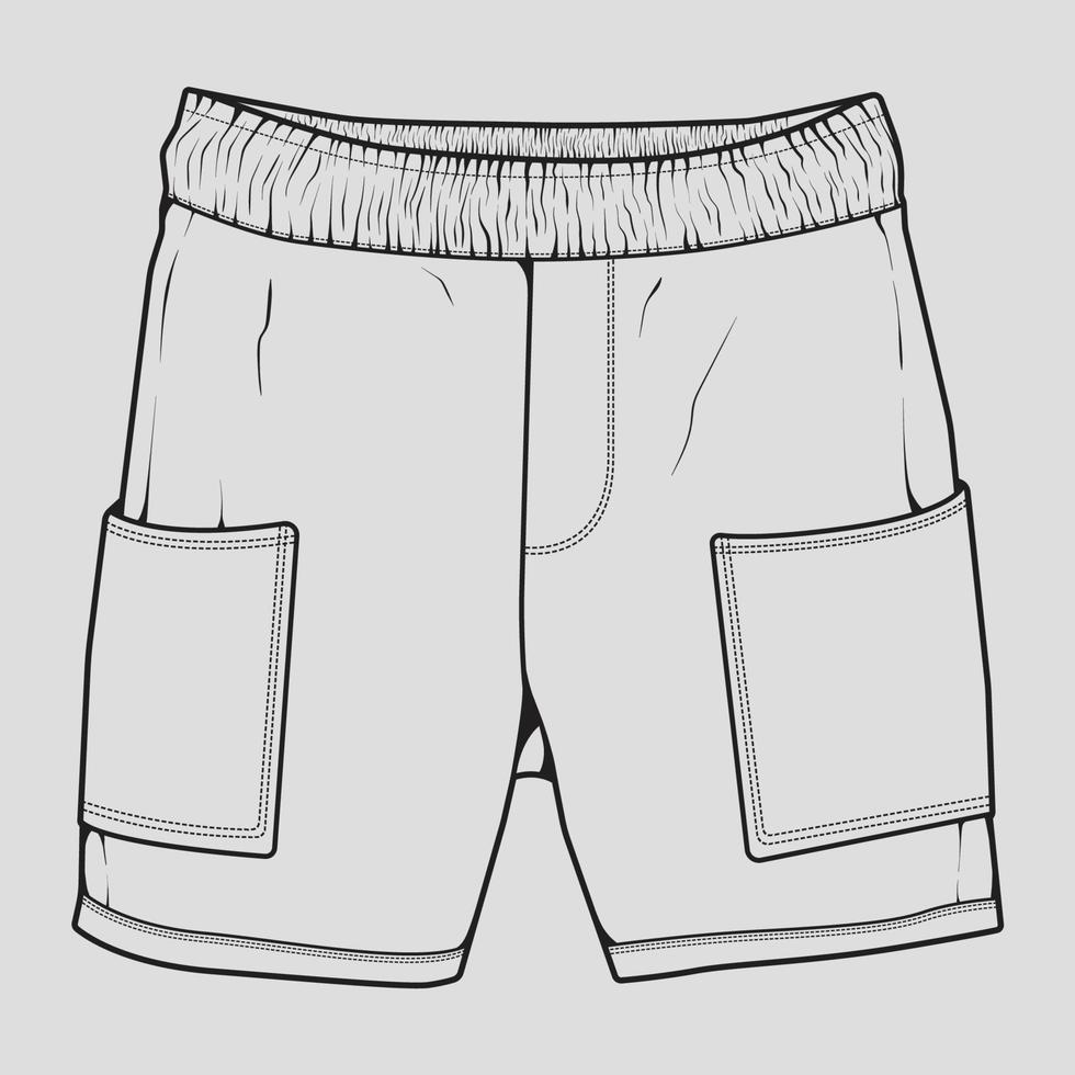 vector de dibujo de contorno de pantalones cortos, pantalones cortos en un estilo de boceto, contorno de plantilla de entrenadores, ilustración vectorial.