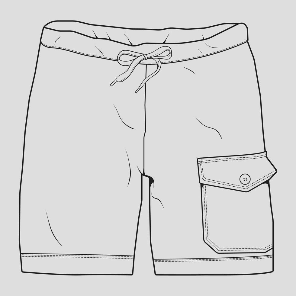 vector de dibujo de contorno de pantalones cortos, pantalones cortos en un estilo de boceto, contorno de plantilla de entrenadores, ilustración vectorial.