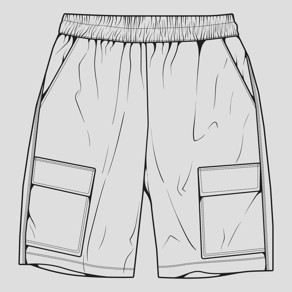 vector de dibujo de contorno de pantalones cortos, pantalones cortos en un estilo de boceto, contorno de plantilla de entrenadores, ilustración vectorial.
