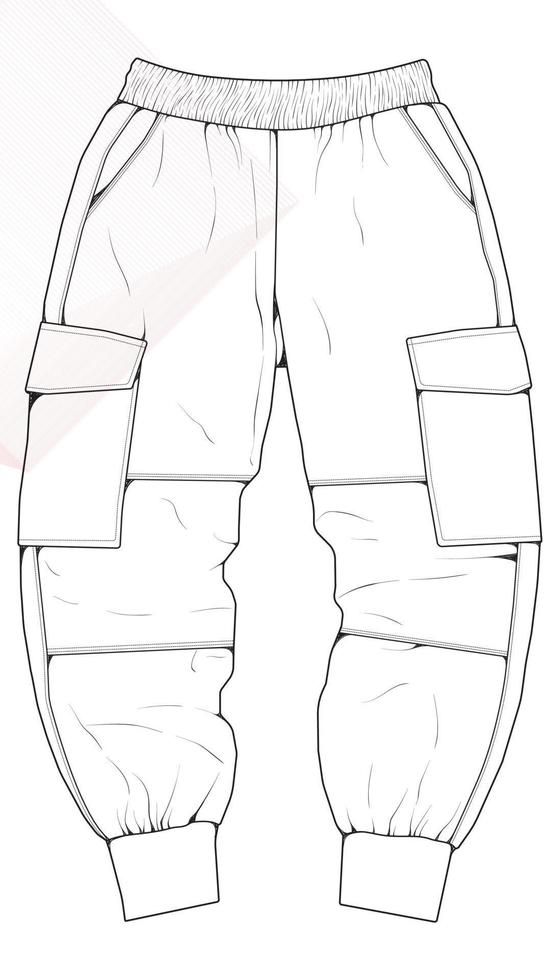 Men Cargo Pants outline  Vector Template, Men Cargo Pants in a sketch style, trainers template outline, vector Illustration.