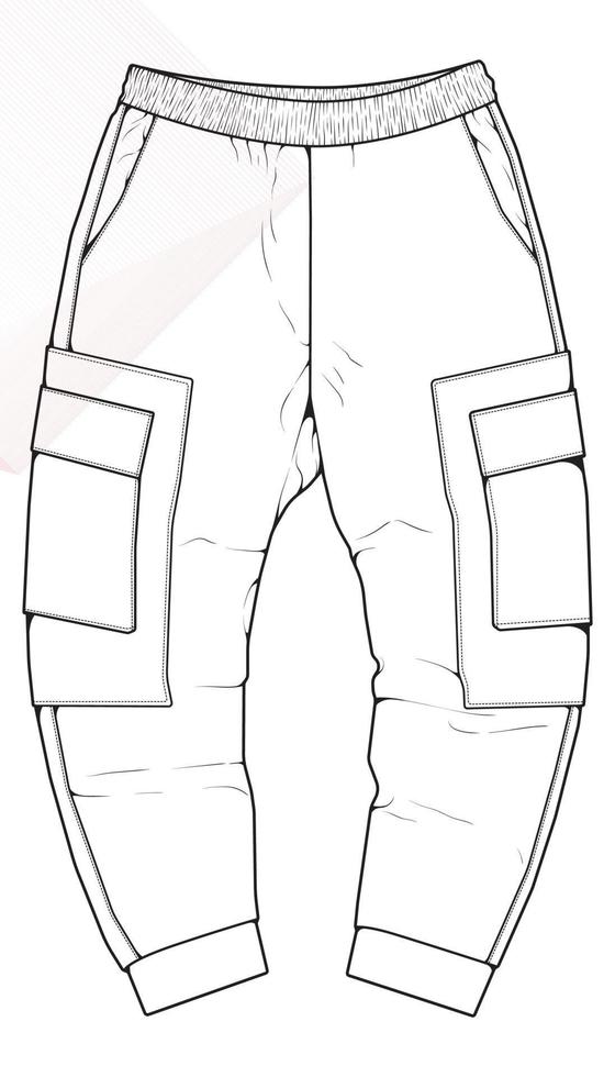 Men Cargo Pants outline  Vector Template, Men Cargo Pants in a sketch style, trainers template outline, vector Illustration.