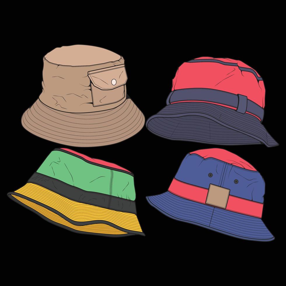 Bundle set bucket hat outline color block vector, set bucket hat in a full color style, trainers template outline, vector Illustration.