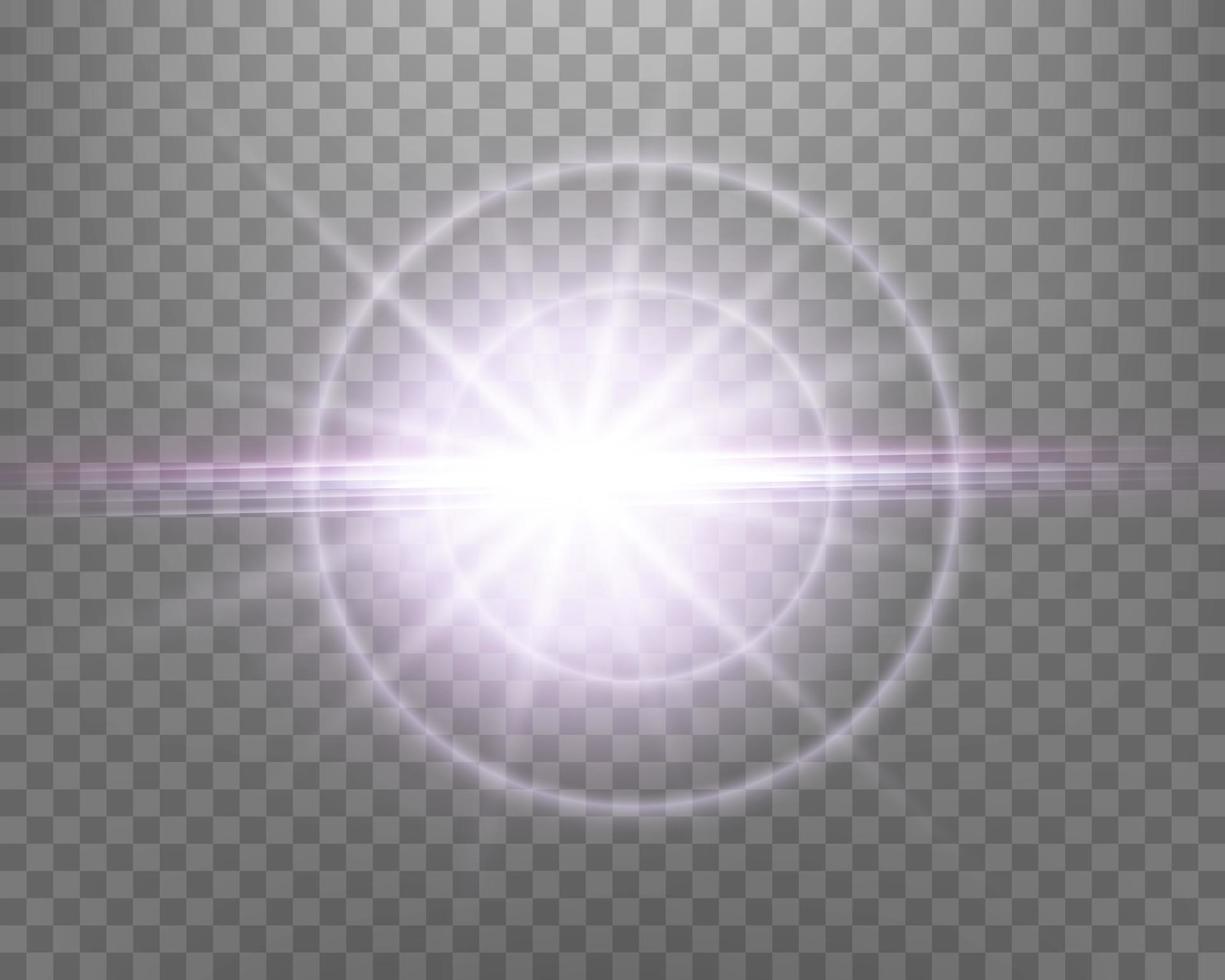 Sunlight lens flare, sun flash with rays and spotlight. Pink glowing burst explosion. Vector illustration.