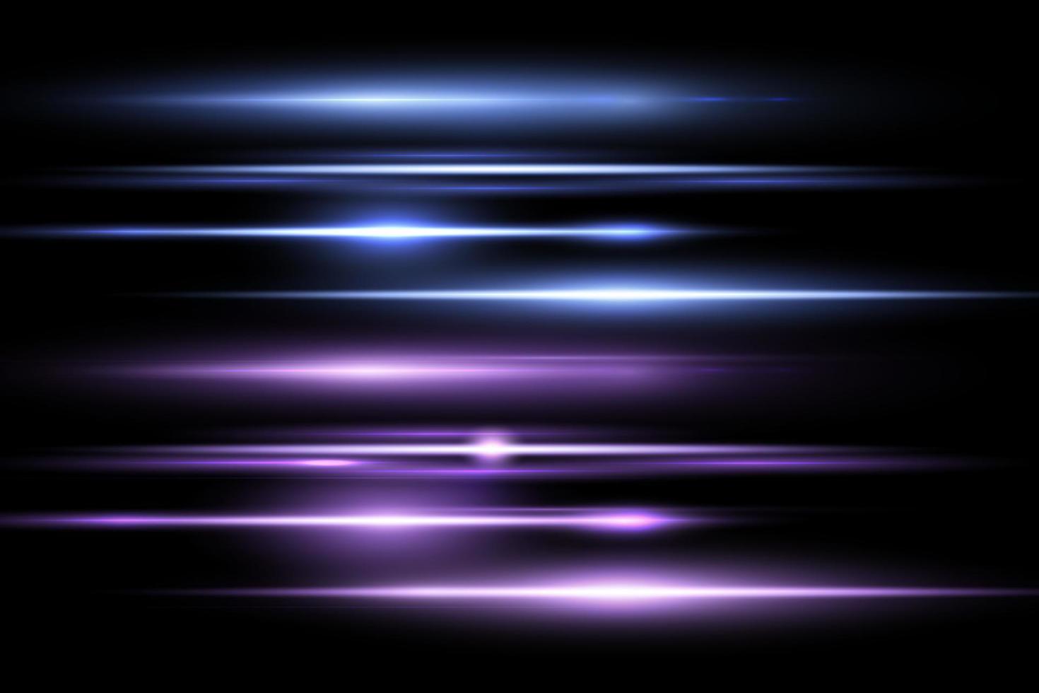 Purple and blue lens flares set.Sun flash with rays or spotlight and bokeh. Glow flare light effect. Vector illustration.