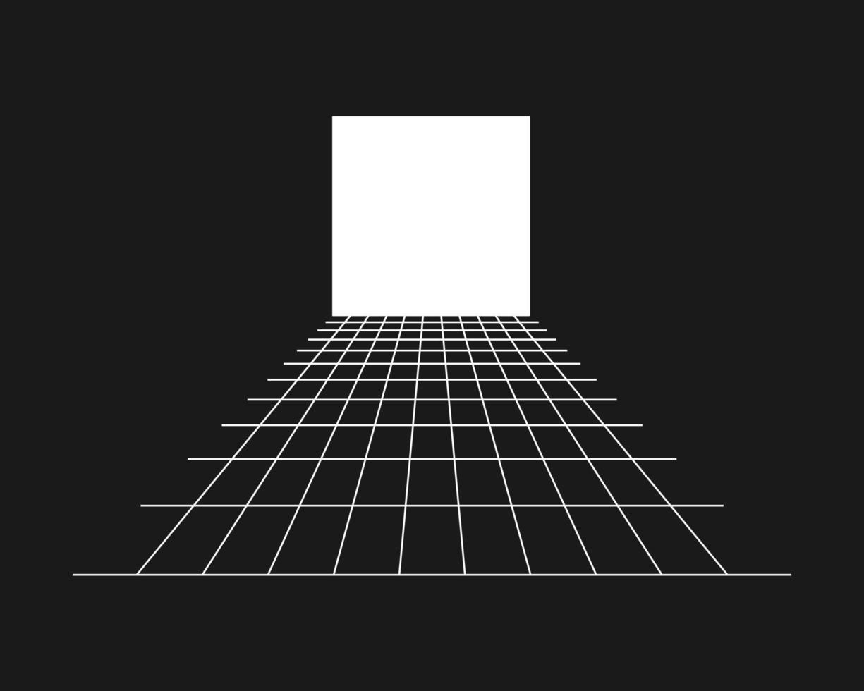 Cyber grid, retro punk perspective rectangular tunnel. Grid tunnel geometry on black background. Vector illustration.