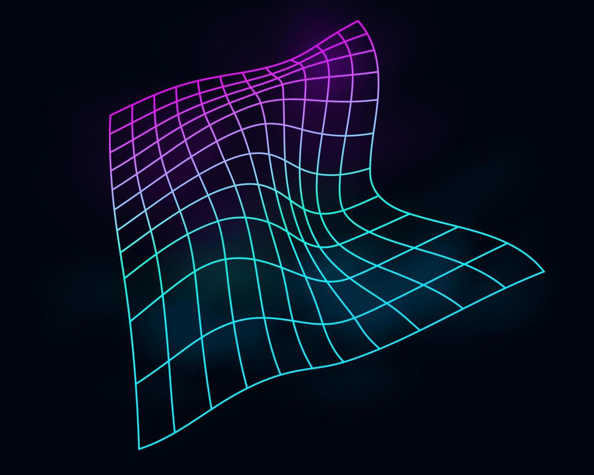 Color cyber distorted grid, retro punk design element. Wireframe wave geometry grid on black background. Vector illustration.