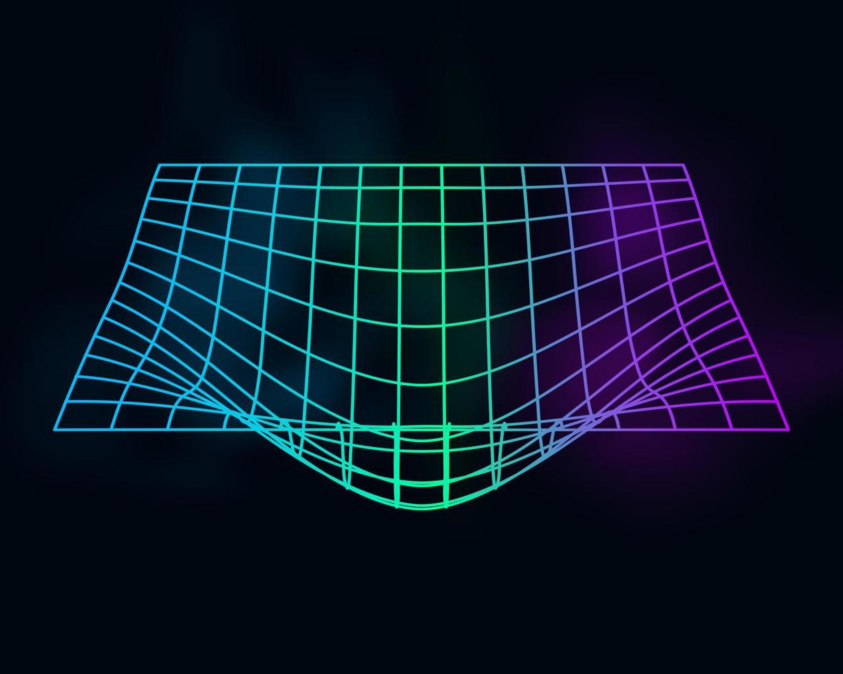 Color cyber distorted grid, retro punk design element. Wireframe wave geometry grid on black background. Vector illustration.