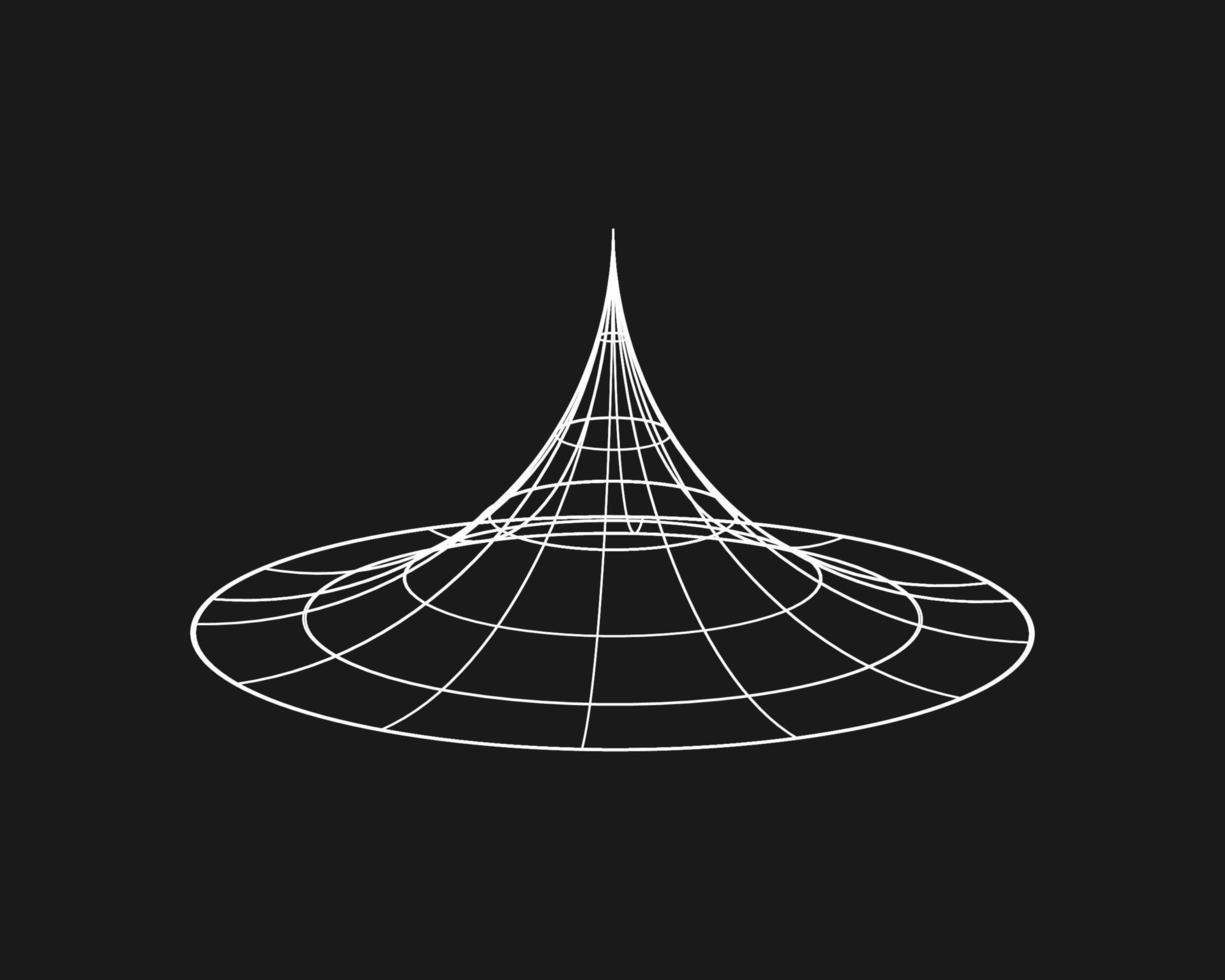 Cyber distorted shape, retro punk design element. Wireframe wave geometry shape on black background. Vector illustration