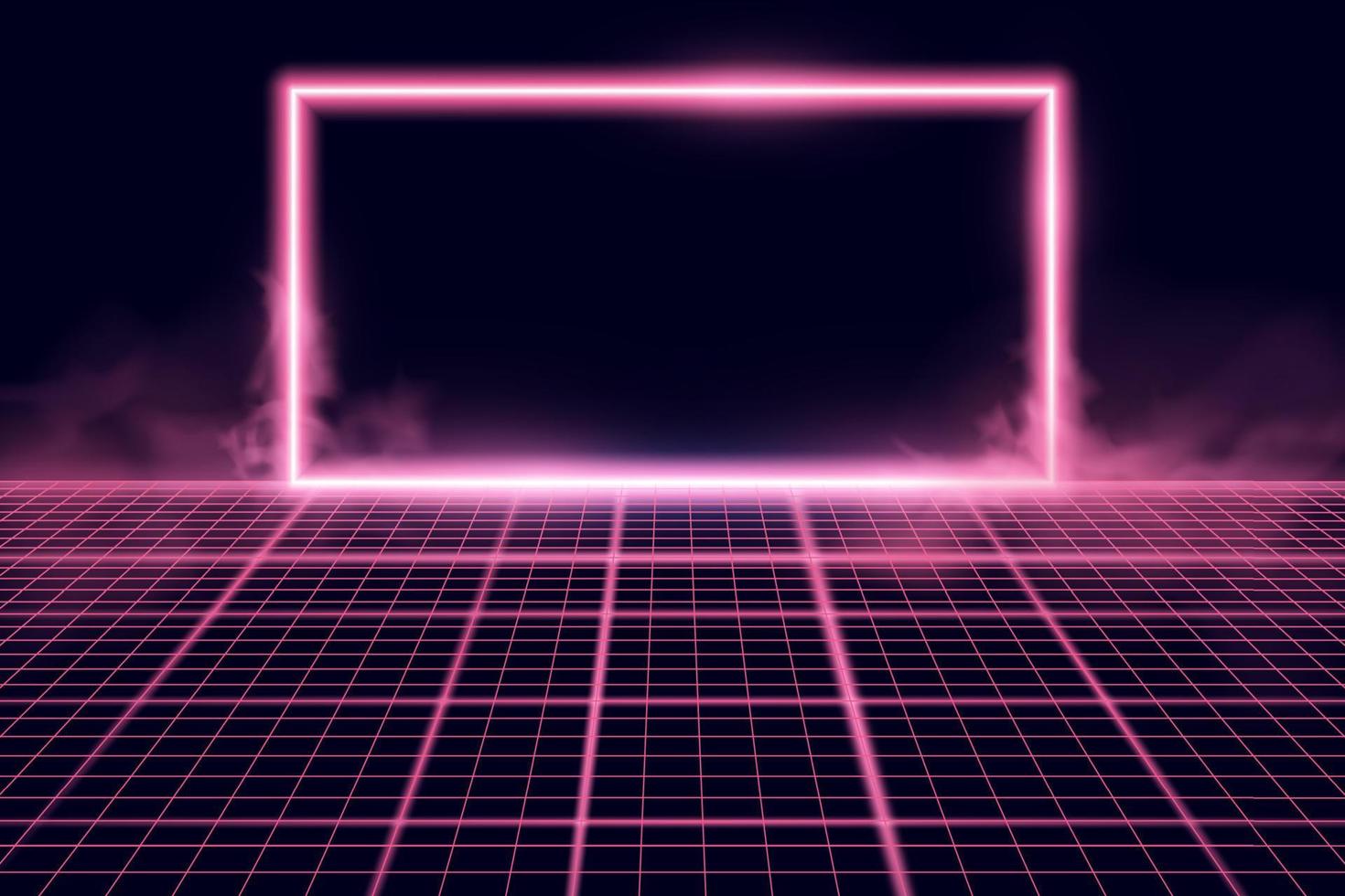 Wireframe perspective grid with glowing neon frame. Abstract retro