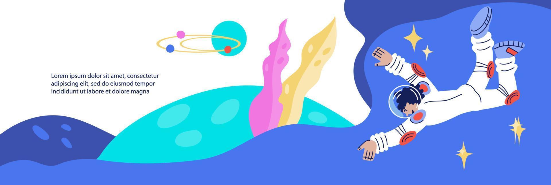 Banner or flyer background for Cosmonautics day template with astronaut or spaceman female comic character. Universe research, space exploring and education concept. Flat cartoon vector illustration.