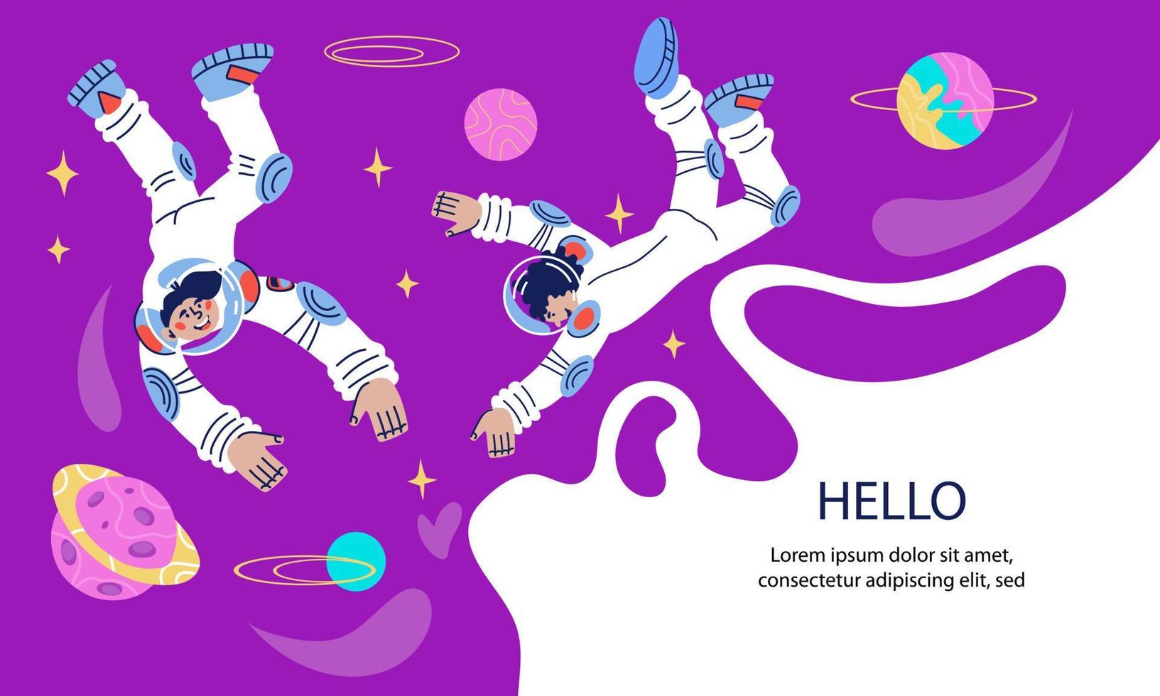 plantilla de banner del espacio exterior del cosmos con astronautas o personajes espaciales. investigación del universo, viaje espacial y concepto de exploración. ilustración vectorial de dibujos animados plana. vector