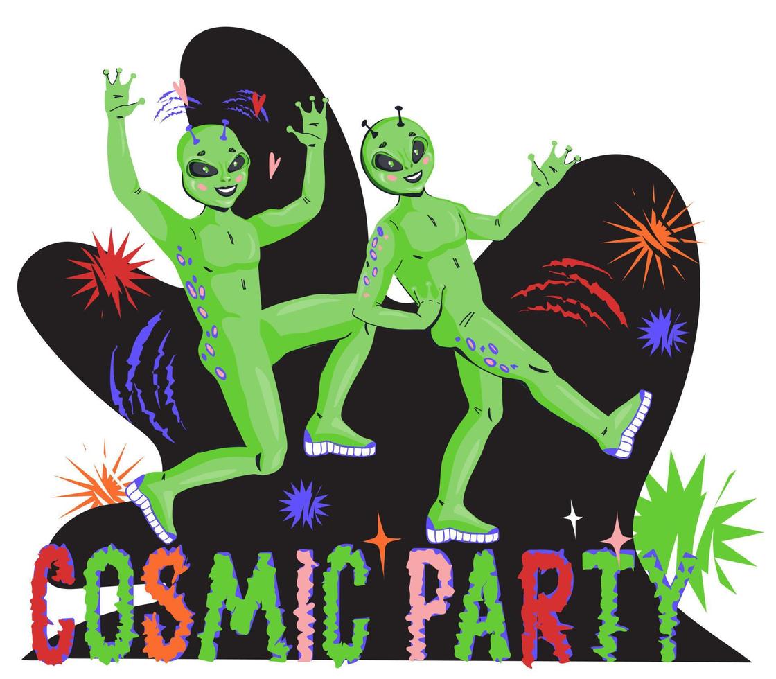 Cosmic party creative banner or poster with funny space aliens, flat vector illustration isolated on white background.