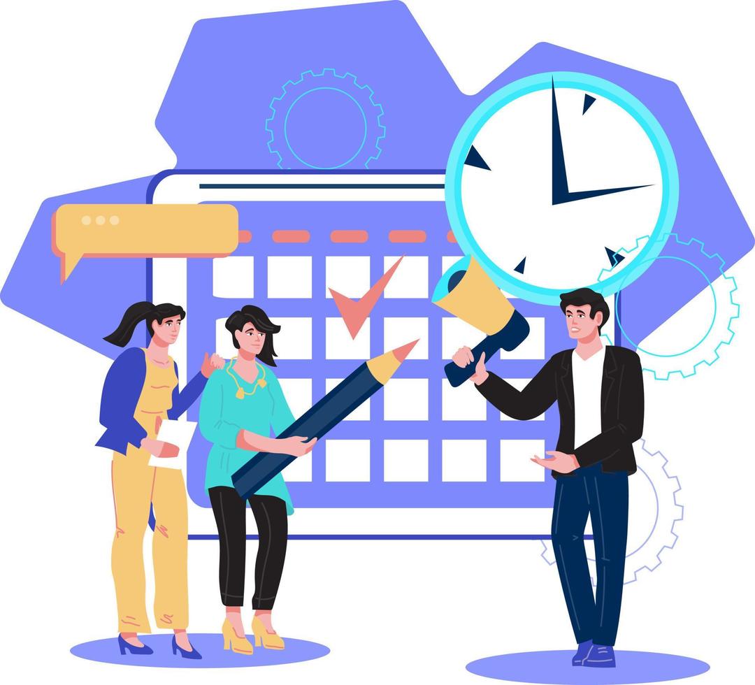 Time management and business schedule, tasks planning, isolated on white vector illustration. Effective management and company development and promotion strategy.