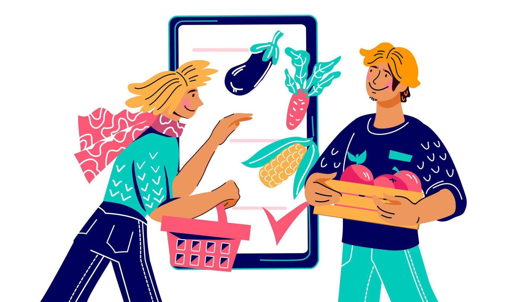 Farmer offers his vegetable crop to a customer who chooses fresh organic vegetables. Food ordering and delivery, local farmers shop, flat cartoon vector illustration isolated on background.