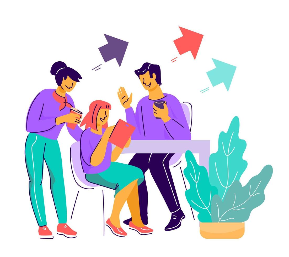 Company workers, creative business team working, drinking coffee and messaging with gadgets in coworking area or office. Teamwork communication and friendly work environment. Flat vector illustration.